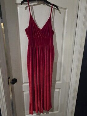 Women’s Red Velvet Jumpsuit with Spaghetti Straps